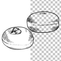Hand drawn donuts with fruit filling. Round doughnuts fresh out of the oven. Easy to edit and use food assets. Black outline, no fill, with fine details. vector
