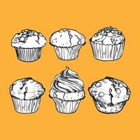 hand drawn muffins with black outline, white fill in separate groups. Six cupcakes with chocolate drops, fruit cream and vanilla flavor. Easy to edit and use food assets. vector