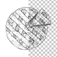 Hand drawn fruit pie. Top view of a fresh pie wheel and slice with stripe crust and fruit filling. Easy to edit and use food assets. Black outline, no fill, with fine details. vector