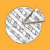 Hand drawn fruit pie. Top view of a fresh pie wheel and slice with stripe crust and fruit filling. Easy to edit and use food assets. Black outline, white fill in separate groups. vector