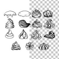 Hand drawn cream swirls. hand drawn sweets and marshmallows. Easy to edit and use food assets. Black outline, no fill, with fine details. vector