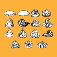 Hand drawn cream swirls. hand drawn sweets and marshmallows. Easy to edit and use food assets. Black outline, white fill in separate groups. vector
