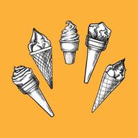 ce creams in cones. Yummy frosty summer dessert hand drawn with vanilla, chocolate, fruit flavors and chocolate and caramel crunchy frosting. Easy to edit and use food asset vector