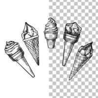 Hand drawn ice creams in cones. Yummy frosty summer dessert with black outline, no fill, and fine details. Easy to edit and use food assets. vector