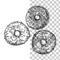 Hand drawn doughnuts. Top view of three donuts with vanilla, berry, chocolate glazes and sprinkles. Easy to edit and use food assets. Black outline, no fill, with fine details. vector