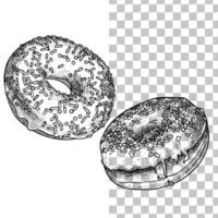 hand drawn doughnuts with vanilla and fruit glazes and chocolate sprinkles on top. Easy to edit and use food assets. Black outline, no fill, with fine details. vector