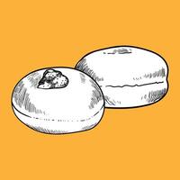 Hand drawn donuts with fruit filling. Round doughnuts fresh out of the oven. Easy to edit and use food assets. Black outline, white fill in separate groups. vector