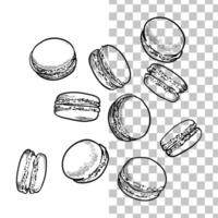 hand drawn colorful macaroons. French sweets with vanilla, chocolate, coffee, caramel flavors. Easy to edit and use food assets. Black outline, no fill, with fine details. vector
