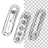 Tasty hand drawn eclairs with fruits, cream, glaze. Top view pastry illustration. Easy to edit and use food assets. Black outline, no fill, with fine details. vector