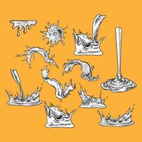 Hand drawn liquid splashes, drops, droplets, falling, juice. Easy to edit and use food assets. Black outline, white fill in separate groups. Could be milk, chocolate, juice, water. vector