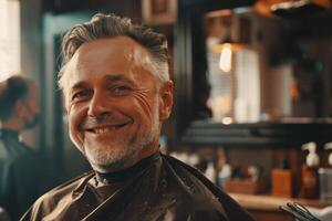 A man is smiling while sitting in a barber chair photo