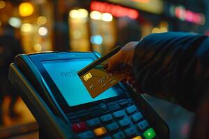 A person is using a credit card to pay for something photo