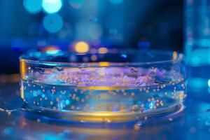 A glass bowl with liquid in it on a table photo