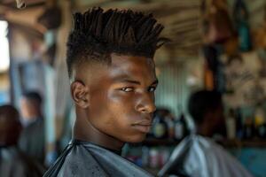 A young man with dreadlocks in a barber shop photo