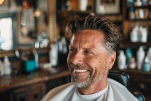 A man is smiling while sitting in a barber chair photo