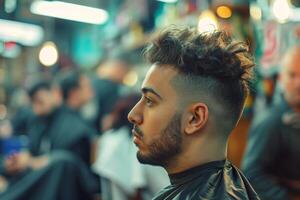 A man with a mohawk haircut in a barber shop photo