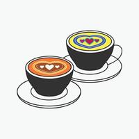 Two steaming coffee cups with heart designs. Two coffee cups, espresso, cappuccino, latte top view with a heart shape milk foam. vector