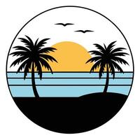 Scenery beach at sunset with sun and palm silhouette. A serene tropical beach sunset with coconut tree summer. vector