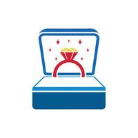 Realistic velvet box with a sparkling diamond ring. vector