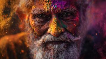 An old man with a beard and a mustache covered in colored powder photo