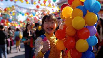 A woman smiles while holding a bunch of balloons photo