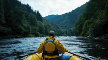 A man in a yellow rain jacket paddles a raft down a river photo