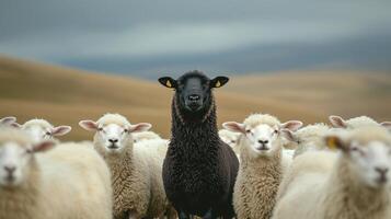 A black sheep standing in a field of white sheep photo