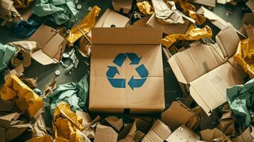 Recycling cardboard box with recycling symbol on the floor photo