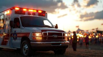 A white ambulance with red and white stripes is parked in a field photo