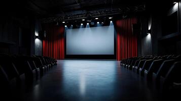 A movie theater with a large screen and red curtains photo