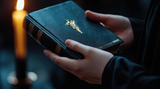 A person is holding a book with a candle in front of them photo