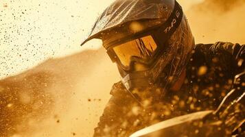 A person riding a dirt bike in the sand photo