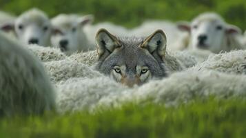 A wolf is partially hidden among a flock of sheep in a vibrant green field. The wolf's keen eyes track the movements of the sheep, creating a moment of tension in nature photo