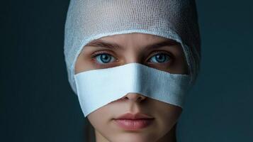 A woman with bandages on her face photo