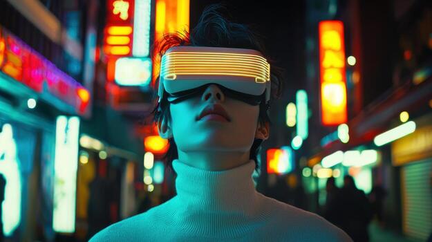 A man wearing a virtual reality headset in a city photo