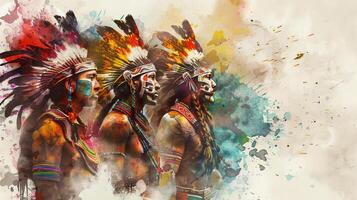 Three Native American men are standing in front of a colorful background photo