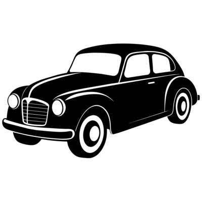 An old car is shown in black and white