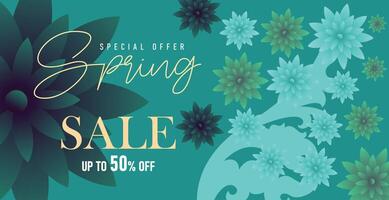Deep green spring sale banner with intricate floral patterns, artistic typography, and modern seasonal discount promotion design vector