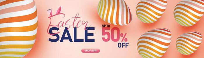 Easter sale banner with golden eggs, pink pastel background, and 50 off discount, holiday shopping promotion, elegant festive design vector