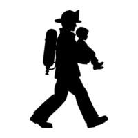 Silhouette of Fireman carrying a child in his arms after saving him from a fire illustration vector
