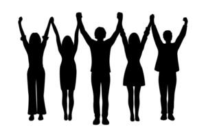 Silhouette of a group of people with raised arms, holding hands in celebration of victory and unity illustration vector
