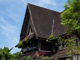An abandoned two stories convention hall roof with traditional architecture with overgrown fern and broken windows and tiles shot from side in a sunny day photo