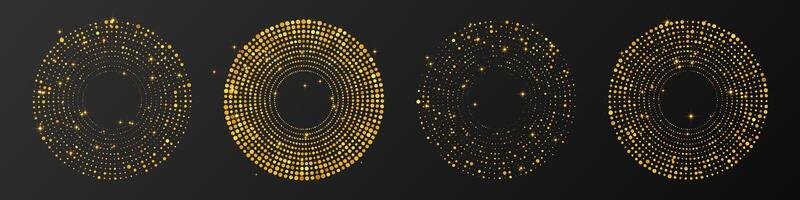 Abstract gold glowing halftone dotted background. Set of four gold glitter patterns in circle form. Circle halftone dots vector