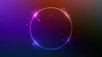 Neon circle frame with shining effects and sparkles on dark purple background. Empty glowing techno backdrop. illustration vector