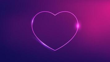 Neon frame in heart form with shining effects on dark purple background. Empty glowing techno backdrop. illustration vector
