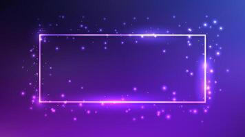 Neon rectangular frame with shining effects and sparkles on dark blue background. Empty glowing techno backdrop. illustration vector