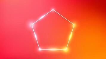Neon frame in pentagon form with shining effects on orange background. Empty glowing techno backdrop. illustration vector