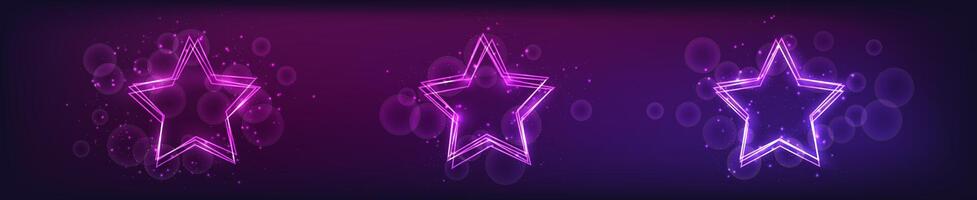 Set of three neon frames in star form with shining effects and sparkles on dark background. Empty glowing techno backdrop. illustration vector