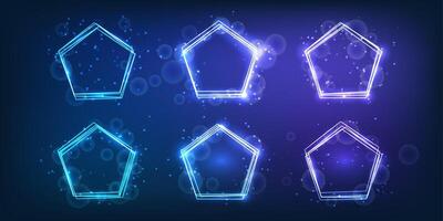 Set of neon frames in pentagon form with shining effects and sparkles on dark background. Empty glowing techno backdrop. illustration vector