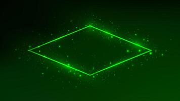 Neon rhomb frame with shining effects and sparkles on dark green background. Empty glowing techno backdrop. illustration vector